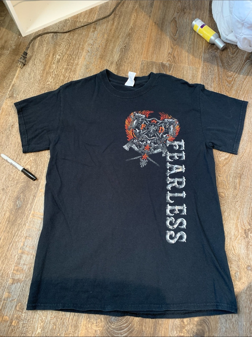 #102 Gildan Black Short Sleeve Tee with Fearless Vertical Crest and Red Flame